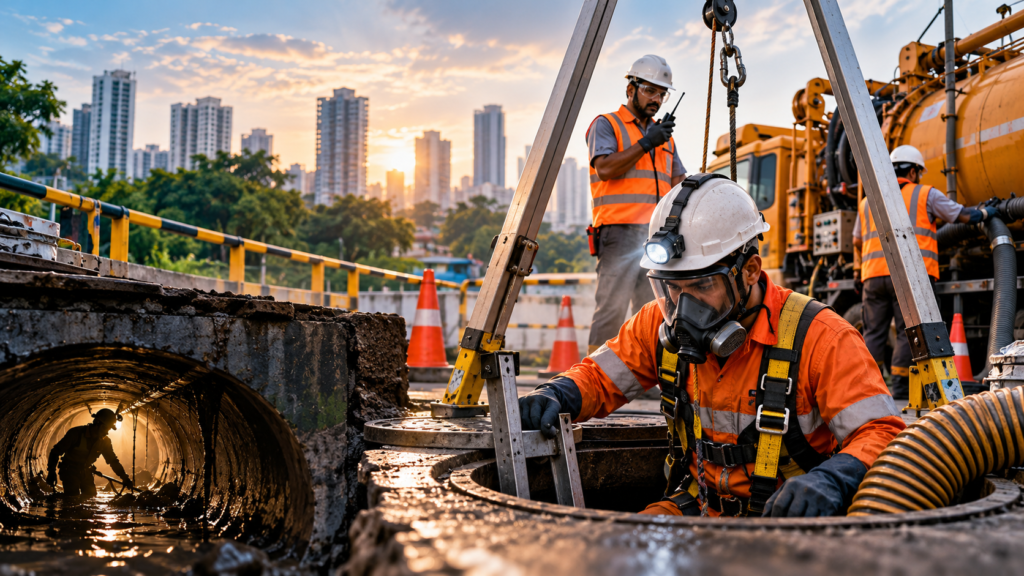 Sanitation workers following safety precautions during sewer and septic tank cleaning in India.